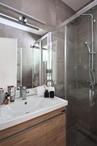 a bathroom with a sink and a shower at ZagMé 365 in Asprangeloi +19 photos