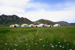 a field of grass with a group of white and red buildings at My Mongolia Eco Ger Camp in Nalayh