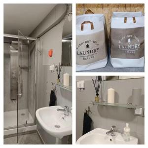 Dos fotos de un baño con un lavabo y una bolsa. en Room 1 industrial, en Cracovia 4 fotos más