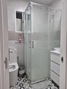 バレンシアにあるValencia Centro 3 compartidoのバスルーム(ガラス張りのシャワー、トイレ付)