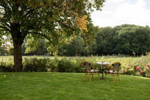 two chairs and a table in a field with a tree at Villa Edmond Hôtel & Spa - Maison Blanche Bièvres in Bièvres