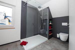 a glass shower in a bathroom with a toilet at Ferienwohnung Moselblick Zell-Merl - Merllorca DG Panoramablick & Parkplatz in Zell an der Mosel +15 photos
