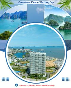 a collage of photos of a city and a large building at Bay View Halong Homestay Panoramic Bay View Luxury Apartment in Ha Long