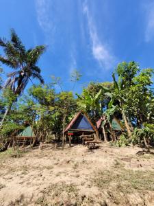 eine Gruppe von Häusern an einem Strand mit Bäumen in der Unterkunft Nosso Quintal Candeias - Cabana Flamboyant in Conceição do Mato Dentro