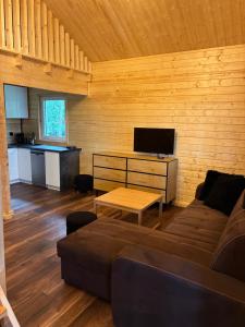 a living room with a couch and a flat screen tv at EL PINO - domek w lesie in Skrzynka
