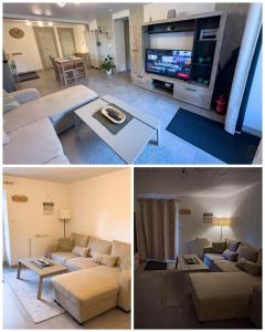 a living room with a couch and a tv at Le Maé classé 4 étoiles, terrasse et parking in Dole