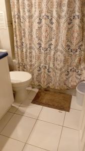 a bathroom with a toilet and a shower curtain at Departamento hotel quitor in El Cerrillo +4 photos