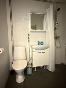 Un baño blanco con inodoro y lavabo. en Kaunis huoneisto Vuoksenniskalla, en Virasoja 4 fotos más