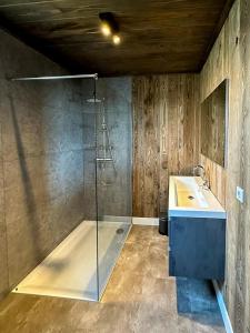 a bathroom with a glass shower and a sink at Chalet am See! in Afritz