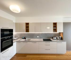 a kitchen with white cabinets and a black appliance at Incredible Luxury Apt with Garage and Tram Station in Prague