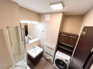 a bathroom with a sink and a toilet and a mirror at Incredible Luxury Apt with Garage and Tram Station in Prague +30 photos