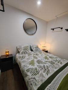 a bedroom with a bed and a mirror on the wall at L'Escapade Urbaine in Villeneuve-sur-Lot
