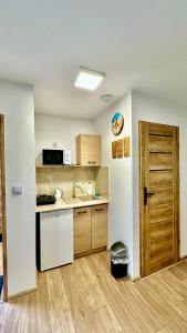 PrzeczyceにあるApartament nr 4 przy Sali Kominkowejのキッチン(シンク、ドア、カウンター付) +12枚の写真