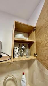PrzeczyceにあるApartament nr 4 przy Sali Kominkowejのキッチン(シンク、食器棚付)