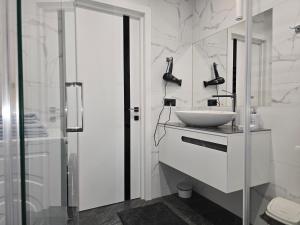 a white bathroom with a sink and a shower at Belvedere Apart 2, parking in Ivano-Frankivsʼk +20 photos
