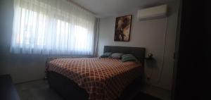 a bedroom with a bed with a blanket and a window at Mimosa Iosia Free parking ,aproape de centru in Oradea