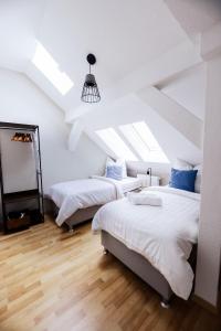 a attic bedroom with two beds and a skylight at Große City-Wohnung, salt apartments Weissenfels in Weißenfels