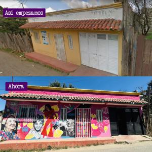 dos fotos de un edificio con graffiti en él en Historika Hostel Cultural, en San Cristóbal de Las Casas