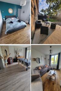three pictures of a room with a bed and a living room at Le gite d 'Amélie maison rénovée 6 couchages 2 salles de bains in Célon