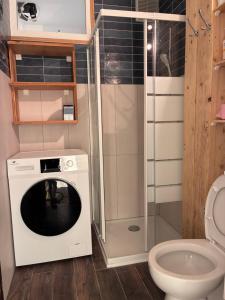 a small bathroom with a washing machine and a toilet at chambre avec salle de bain, cuisine, balcon, clim et parking privé ,bordeaux centre Nansouty in Bordeaux +6 photos