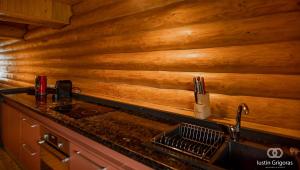 a kitchen with a sink and a wooden wall at Cabana Deac - Luxury Chalet in Vatra Dornei