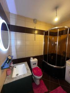 a bathroom with a shower and a toilet and a sink at Prishtina Sky View in Prishtinë +13 photos