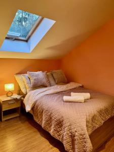 a bedroom with a bed with a skylight at Głuszyńska Przystań in Stawiska +23 photos