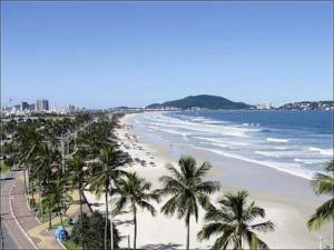 a view of a beach with palm trees and the ocean at Casa Lelis - Descanso para a família e seu pet, pertinho do mar - praia Guarujá - SP in Guarujá