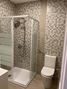 a bathroom with a shower and a toilet in it at Bragaterrace in Braga +1 photo