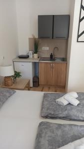 a room with two beds and a kitchen with a sink at Sunčani apartman - Studio - 3 in Krupanj