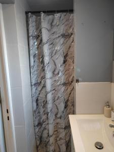 een badkamer met een marmeren douchegordijn en een wastafel bij Maison mignonne in Hirson