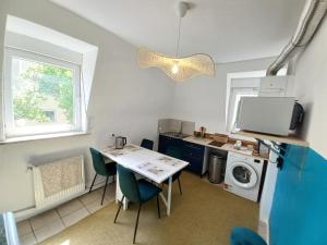 a kitchen with a table and a washing machine at Duplex Éléonore-Lilas in Mulhouse