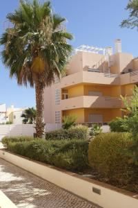 a palm tree in front of a building at Cabanas Apartment in Tavira
