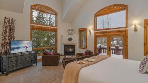 a bedroom with a bed with a television and a fireplace at Inglenook in Breckenridge