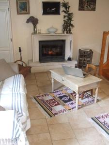 a living room with a table and a fireplace at Le Petit Moulin à 7 minutes du ZooParc de Beauval in Châteauvieux