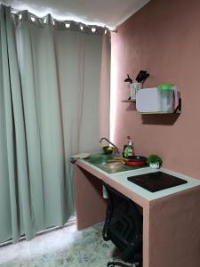 a kitchen with a sink and a window with curtains at Suite 103 Cordoba Centro con Estacionamiento in Córdoba