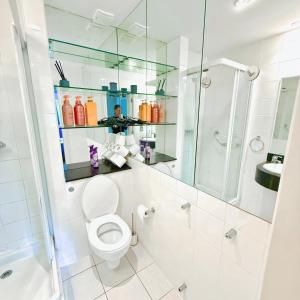 a bathroom with a toilet and a glass shower at The Blue Haven - Calm and Cozy Stay in Cork