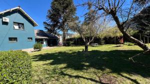 a yard with a blue house and a tree at Casa Yuco Hostel in San Martín de los Andes +43 photos