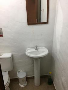 un bagno con lavandino, WC e specchio di Chalé Suites Maresias a São Sebastião