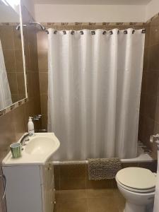 une salle de bain avec un rideau de douche et un lavabo dans l'établissement Los Soles de Madryn, à Puerto Madryn 30 autres photos