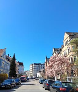 a city street with parked cars and a flowering tree at GreenTreeHomes - Stadtvilla Linde in Regensburg