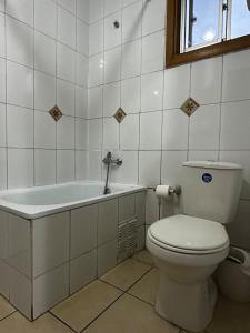 a bathroom with a toilet and a bath tub at Cómodo departamento un ambiente, Depto 2 Los Sauces in Temuco