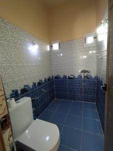 メルズーガにあるSahara Dream Apartmentの青いタイルのトイレとシャワー付きのバスルーム +48枚の写真