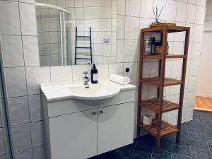 - une salle de bains blanche pourvue d'un lavabo et d'une étagère dans l'établissement Bergen Centrum Modern Apartment, à Bergen