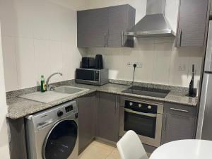 une cuisine avec une machine à laver et un évier dans l'établissement Kings Luxury 1 bedroom at Gallery, à Accra