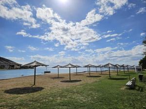 una fila de sombrillas en una playa con el océano en SAK Mobile Home Privlaka - Two Bedroom Mobile Home with Terrace and Sea View, en Privlaka 1 foto más