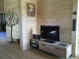 ブーヒングにあるLog cabin Green Heartの木製の壁に薄型テレビ付きのリビングルーム