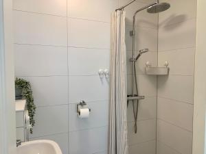 a bathroom with a shower and a sink at Holiday Home in Petten near the Beach in Sint Maartensvlotbrug +7 photos