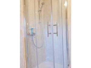 a shower with a glass door in a bathroom at Guesthouse König in Gommersheim