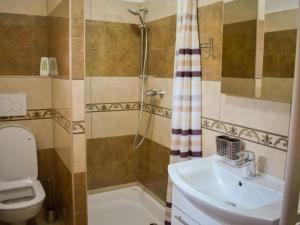 een badkamer met wastafel, douche en toilet bij Standard One Bedroom Apartment in Čatež ob Savi +39 foto's